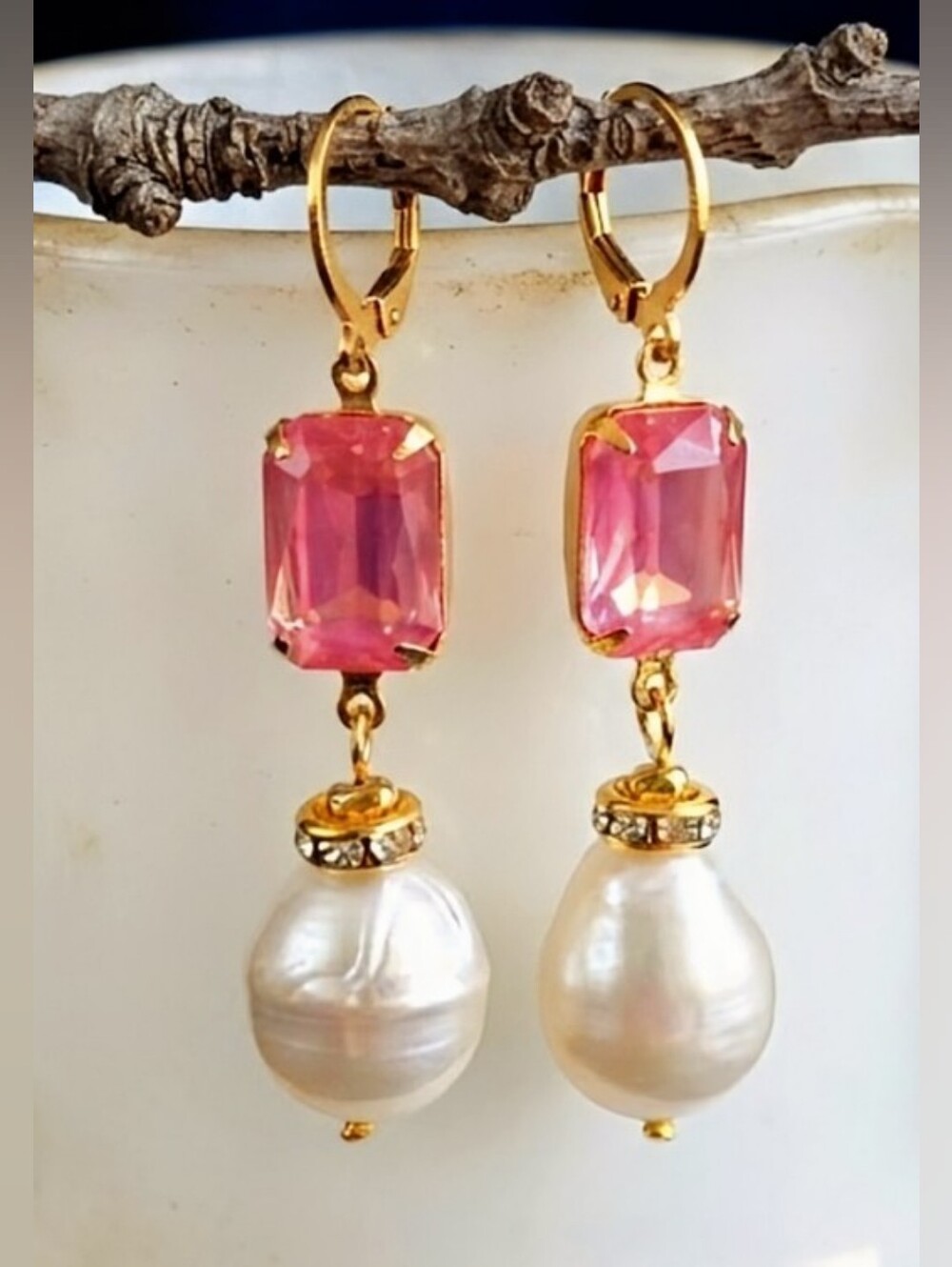 Coral Pink Swarovski Crystals W/ Natural Baroque Pearls Statement Earrings